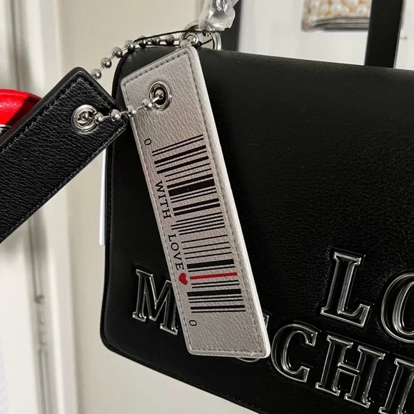 LOVE MOSCHINO NWT AUTHENTIC LOGO-CHARM BLACK FAUX LEATHER SATCHEL BAG - Picture 5 of 17